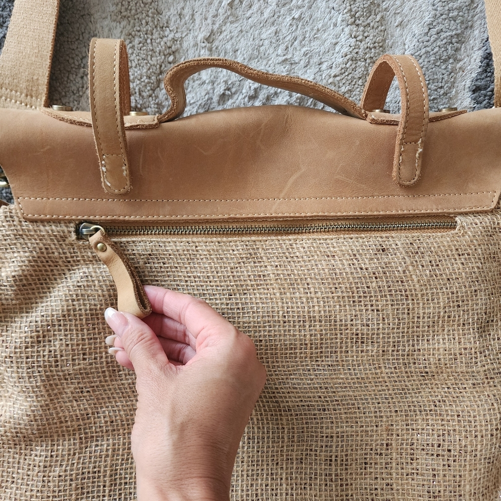 Anthropology Jesslyn Blake tan burlap canvas sparkle leather crossbody bag - Picture 6 of 9